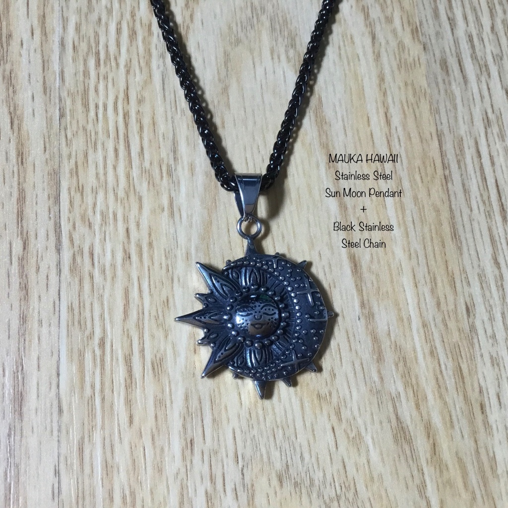 Sun Moon Stars Stainless Steel Enamel Textured Pendant + Black Wheat Link Chain